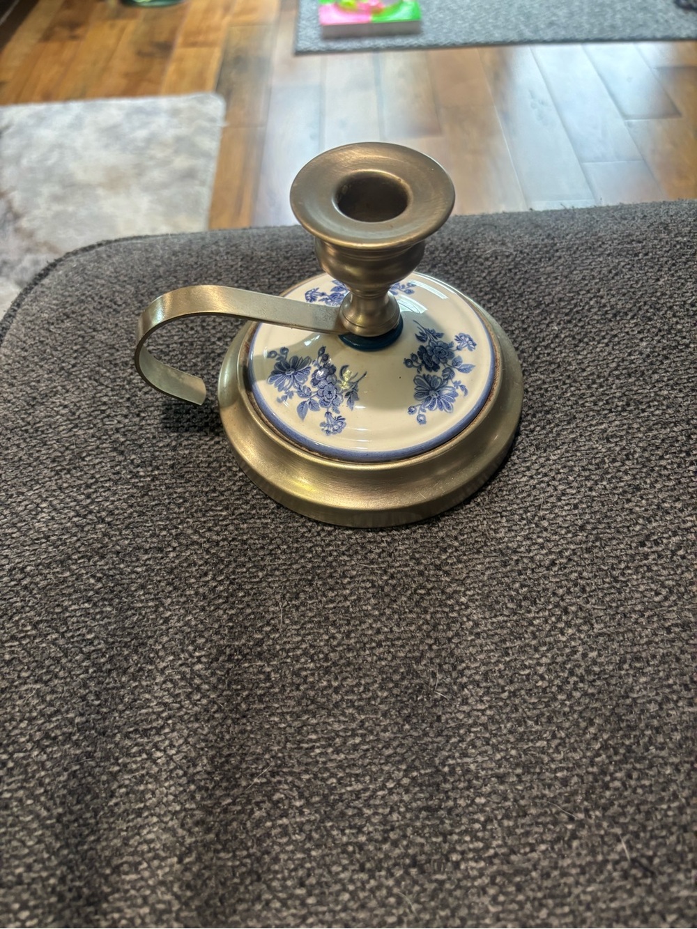 Brass Chamberstick Candle Holder with Blue Floral Porcelain Accent Cottage Style